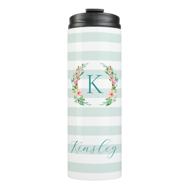 Paradise Floral und Streifen Monogramm Thermosbecher (Vorderseite)