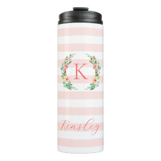Paradise Floral und Streifen Monogramm Thermosbecher