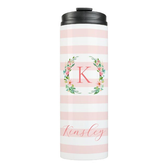 Paradise Floral und Streifen Monogramm Thermosbecher (Vorderseite)