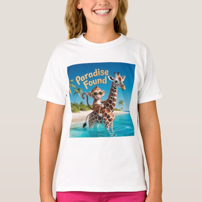 Paradise Found, Monkey Riding Giraffe in the Ocean T-Shirt (Vorderseite)