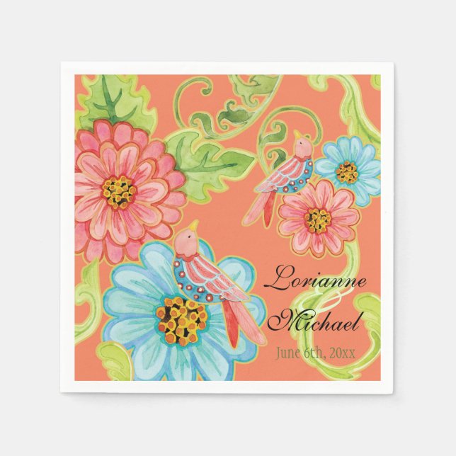Paradise Love Birds 3, Floral Moderne Hochzeitsdek Serviette (Vorderseite)