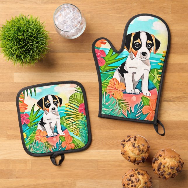Paradise Puppy Design Ofenhandschuh & Topflappen-Set (Oben Unten)