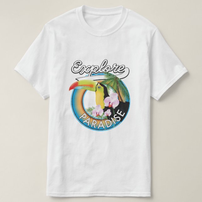 Paradise Reiselogo Cartoon erkunden T-Shirt (Design vorne)
