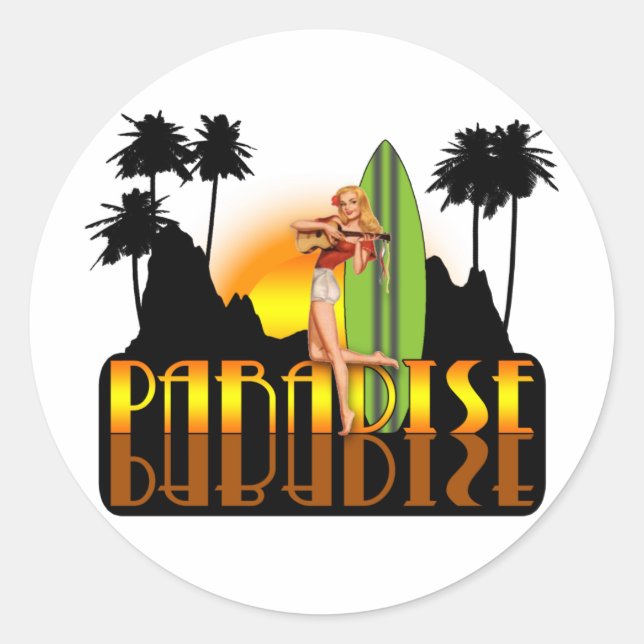 Paradise Surfer Girl Runder Aufkleber (Vorderseite)