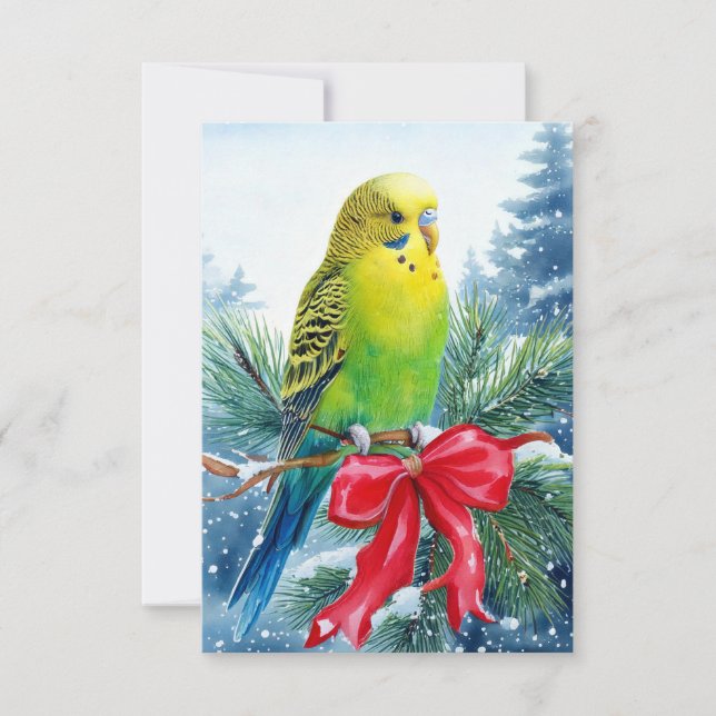 Parakeet auf Kiefernzweig und Weihnachtsfeiertage Dankeskarte (Vorderseite)