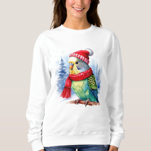 Parakeet in Hut und Scarf auf einer Zweigniederlas Sweatshirt (Vorderseite)
