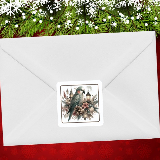 Parakeet Lanterns Weihnachten Quadratischer Aufkleber (Von Creator hochgeladen)