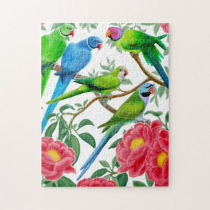 Parakeets im Pfingstrosen-Blumen-Puzzlespiel Puzzle