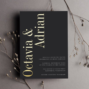 Parallel Modern Black & Gold Typography Wedding Folieneinladung
