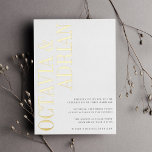 parallel | Moderne Schwarz-Gold-Typografie Folieneinladung<br><div class="desc">Eine moderne und minimale typografische Hochzeitseinladung mit Ihren Namen in der Serifenschrift von Goldfolie,  die senkrecht auf der links Kartenseite läuft. Personalisieren Sie Ihre Hochzeitsdetails,  die rechts unten ausgerichtet sind.</div>
