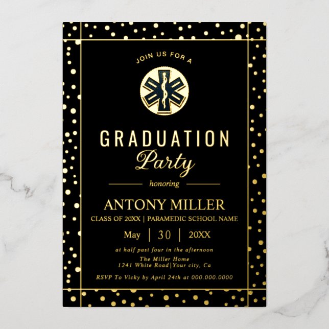 Paramedic Class Of 2026 gold confetti graduation Folieneinladung (Vorderseite)