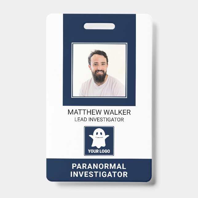 Paranormal Investigator Navy Blue QR Code Foto ID Ausweis (Vorderseite)