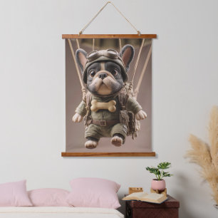 Paratrooper Frenchie: Cartoon Army Dog Art Wandteppich Mit Holzrahmen