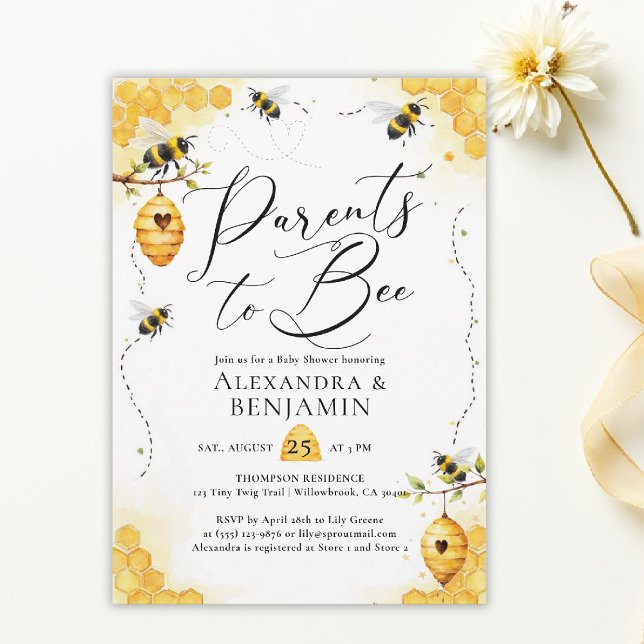 Parents Bee Summer Watercolor Coed Baby Shower Einladung (parents to bee baby shower theme invitation spring summer little honey watercolor elegant)