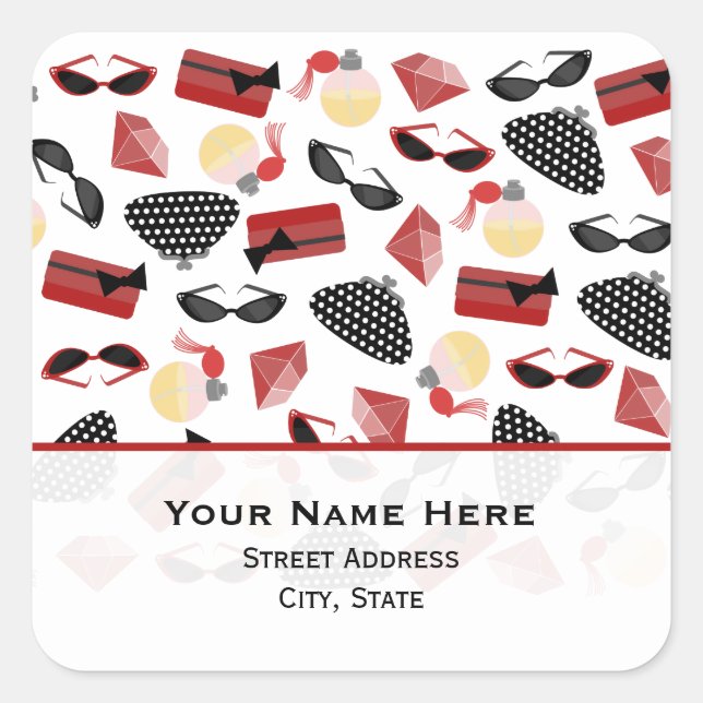 Parfüm Purses Rubies & Sonnenbrillen Adressaufkleb Quadratischer Aufkleber (Vorderseite)