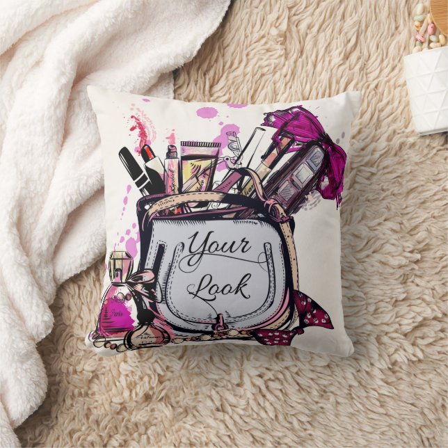 Parfüm, roter Lipstick und High Heeled Schuhe Kissen (Decke)