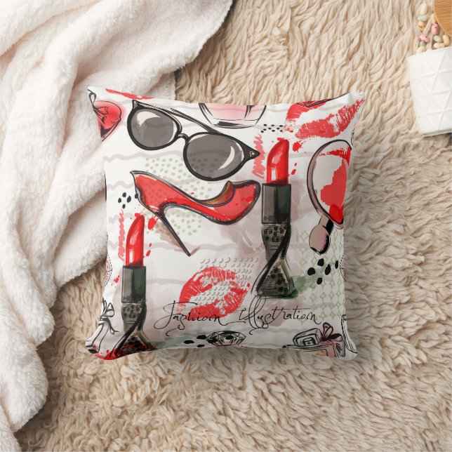 Parfüm, roter Lipstick und High Heeled Schuhe Kissen (Decke)