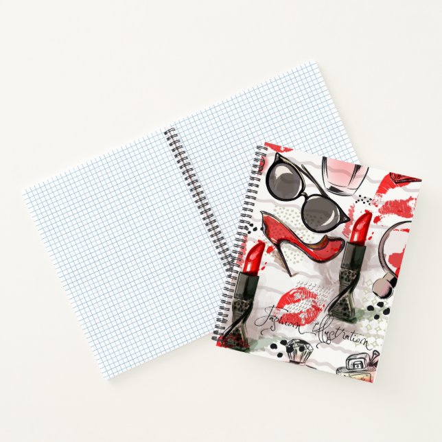 Parfüm, roter Lipstick und High Heeled Schuhe Notizbuch (Innenseite)