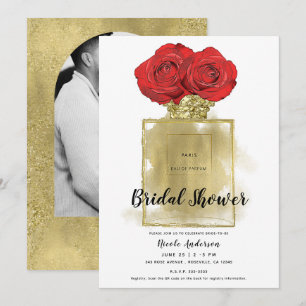 Parfümflakon Florale Mode rote Rosen goldener Glam Einladung