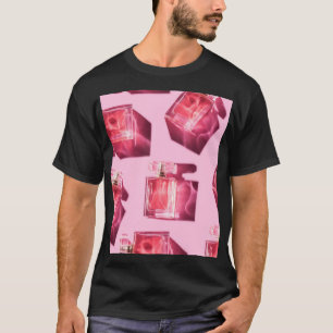 Parfümflaschen, rosa Hintergrund, flach T-Shirt