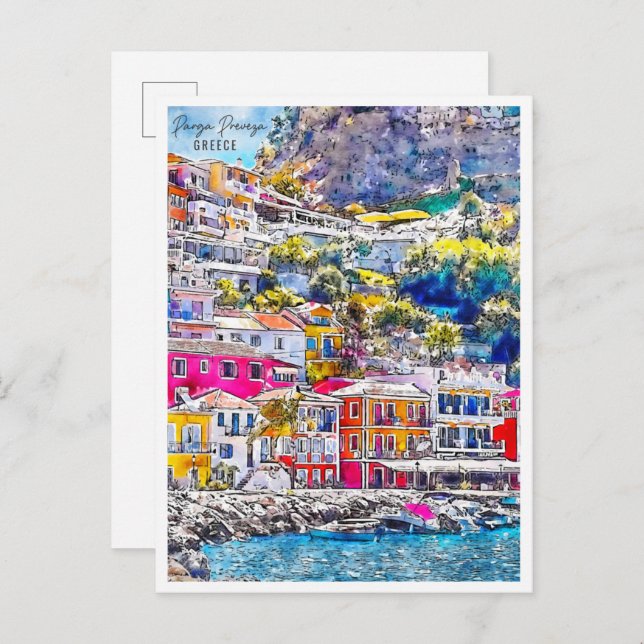 Parga Preveza Griechenland Jahrgang Reise Aquarell Postkarte (Vorne/Hinten)