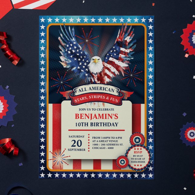 Pariotic All American Eagle Birthday Party Einladung (Celebrate in true American spirit with this bold and birthday invitation featuring a majestic eagle!)