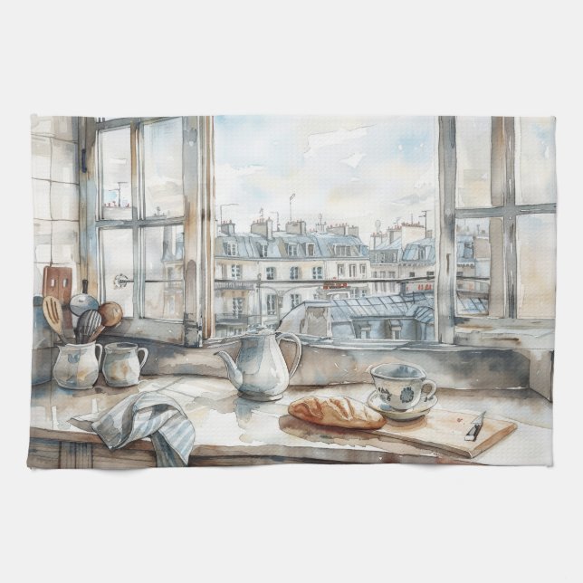 Paris Apartment Kitchen Watercolor with Rooftop Vi Geschirrtuch (Horizontal)
