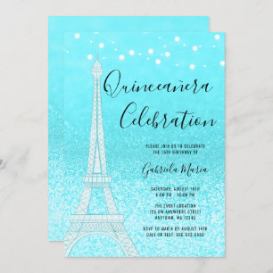 Paris Aquamarin Blue Glitzern Lights Quinceñera Einladung