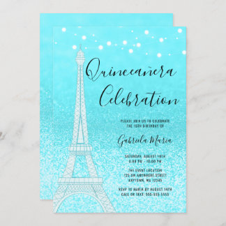 Paris Aquamarin Blue Glitzern Lights Quinceñera Einladung