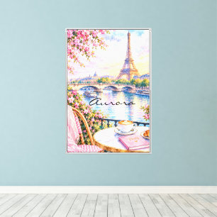 Paris Aquarell Eiffelturm Rosa Floral Französisch Leinwanddruck