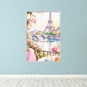 Paris Aquarell Eiffelturm Rosa Floral Französisch Leinwanddruck