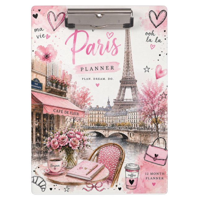 Paris Aquarell Rosa Klemmbrett (Vorderseite)