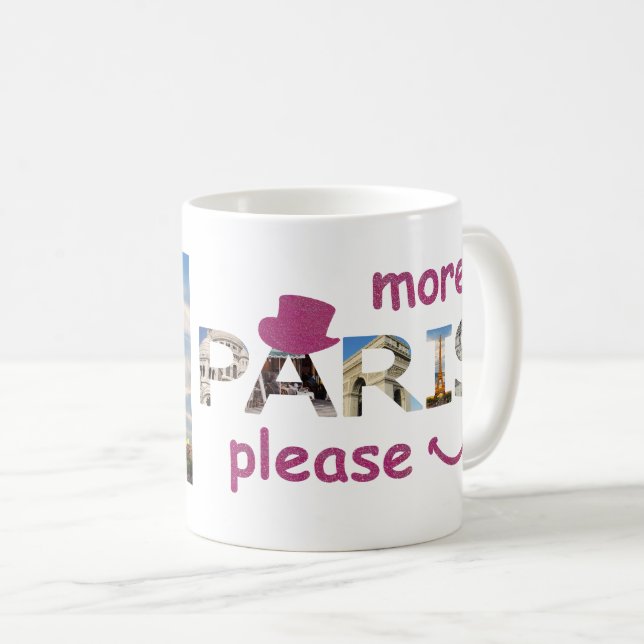 Paris Attraktionen Mehr Paris Bitte rosa Glitzer Kaffeetasse (VorderseiteRechts)