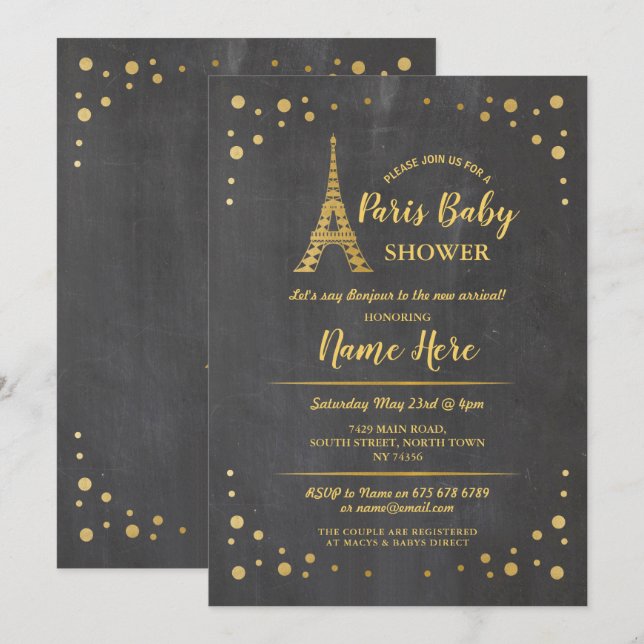 Paris Baby Duschkabine Gold Eiffel Tower Einladung (Vorne/Hinten)