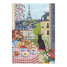 Paris Balcony Breakfast Cat Eiffel Tower View Arts