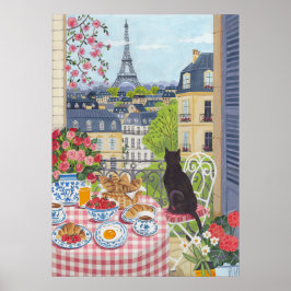 Paris Balcony Breakfast Cat Eiffel Tower View Arts Poster