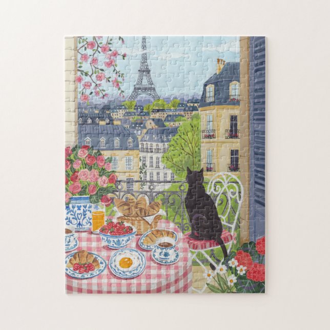 Paris Balcony Cat Breakfast Eiffel Tower Puzzle (Vertikal)