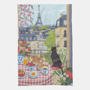 Paris Balkon Katze Frühstück Eiffelturm Geschirrtu Geschirrtuch