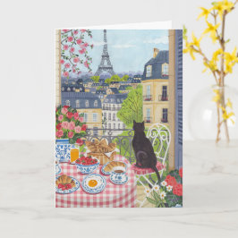 Paris Balkon Katze Frühstück Eiffelturm Grußkarte Karte