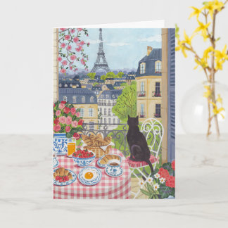 Paris Balkon Katze Frühstück Eiffelturm Grußkarte Karte