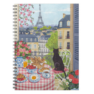 Paris Balkon Katze Frühstück Eiffelturm Notizbuch Notizblock