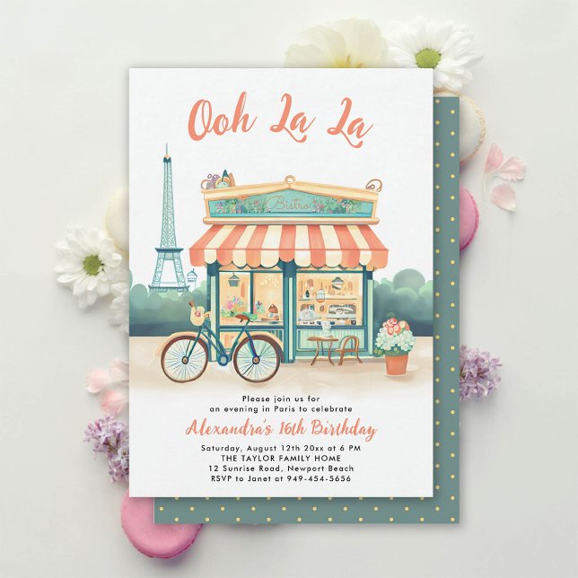 Paris Bistro Eiffelturm Peach Pink Aquamarin Sweet Einladung (paris sweet 16 french bistro restaurant eiffel tower party theme sixteenth pink mint green girly)