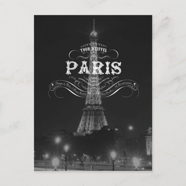 Paris Black and White Travel Postcard Eiffelturm Postkarte (Vorderseite)