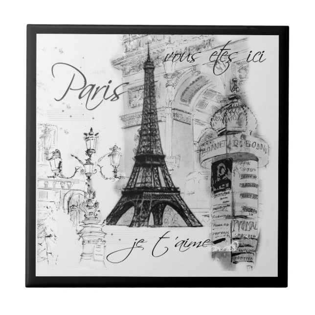 Paris Black & White Eiffel Tower Street Scene Fliese (Vorderseite)