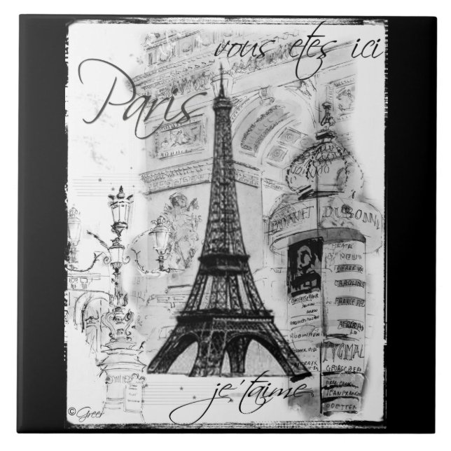 Paris Black & White Eiffel Tower Street Scene Fliese (Vorderseite)