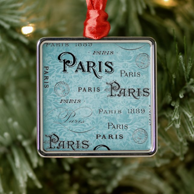 Paris | Blauer Damast Silbernes Ornament (Baum)