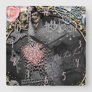 Paris Bling Glamour Sparkle Frankreich Girly Trend Quadratische Wanduhr