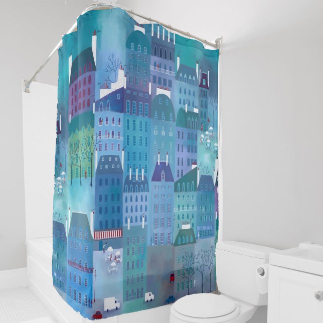 Paris Blue Duschvorhang (Painting of Paris France in blue and green. French cityscape art shower curtain.)