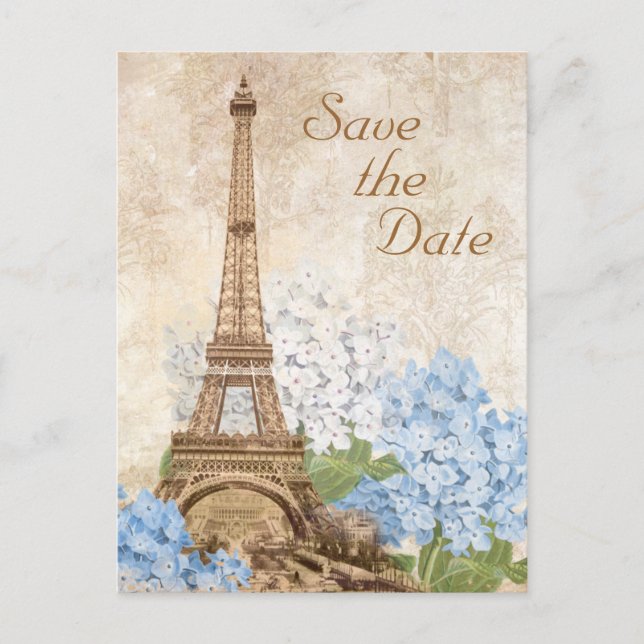 Paris Blue Hydrangea Vintag Save the Date Card Ankündigungspostkarte (Vorderseite)