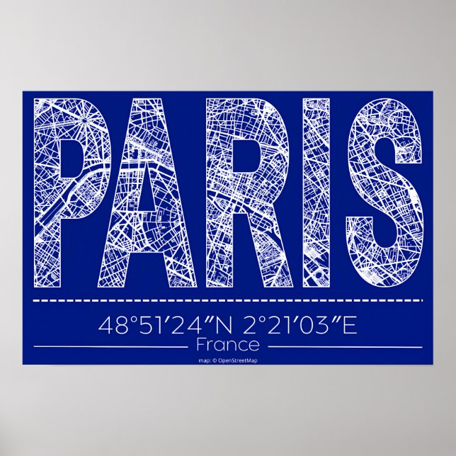 Paris Blueprint Typography Map Poster – Horizontal (Vorne)